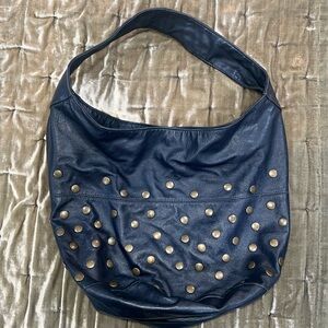 Navy Leather Studded Hobo Bag